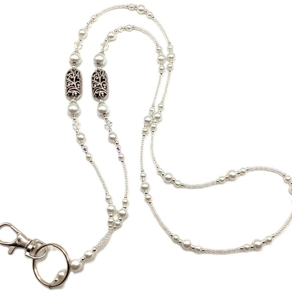 Classic White Pearl, Beaded Lanyard for, Badge, ID Holder, Keychain, Lanyard - Picture 3 of 5